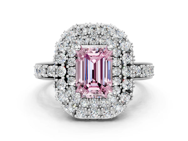 Platinum Fancy Pink Emerald Cut Diamond Double Halo Ring with Pavé Band and Four-Prong Setting