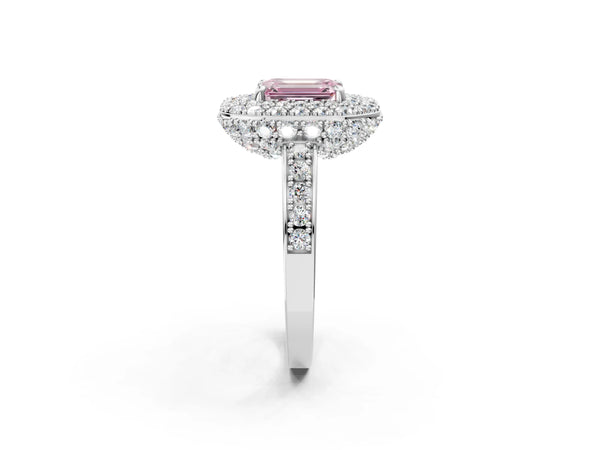 Platinum Fancy Pink Emerald Cut Diamond Double Halo Ring with Pavé Band and Four-Prong Setting