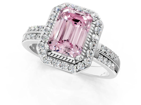 Platinum Fancy Pink Emerald Cut Diamond Double Halo Ring with Split Shank and Four-Prong Setting