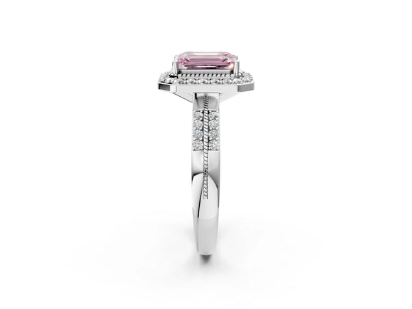 Platinum Fancy Pink Emerald Cut Diamond Double Halo Ring with Split Shank and Four-Prong Setting