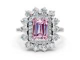 Platinum Fancy Pink Emerald Cut Diamond Floral Double Halo Engagement Ring with Prong Setting_30