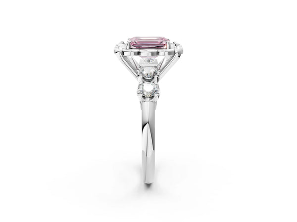 Platinum Emerald Cut Floral Engagement Ring Setting for Fancy Pink Center with Side Accents