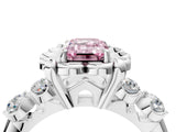 Platinum Fancy Pink Emerald  Cut Diamond Floral Halo Engagement Ring with Shared Prong Setting 4