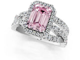 Platinum Fancy Pink Emerald Cut Diamond Halo Ring with Round Split Shank and Prong Setting_13