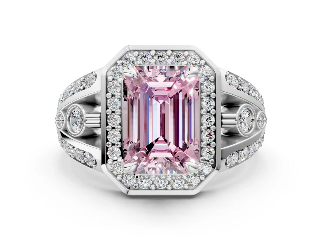 Platinum Fancy Pink Emerald Cut Diamond Halo Ring with Split Shank and Bezel Accents and Four-Prong Setting_6