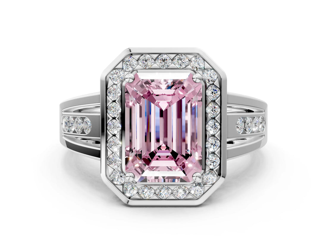 Platinum Fancy Pink Emerald Cut Diamond Halo Ring with Split Shank and Bezel Accents and Prong Setting_12