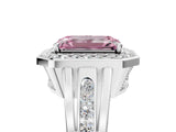 Platinum Fancy Pink Emerald Cut Diamond Halo Ring with Split Shank and Bezel Accents and Prong Setting_17