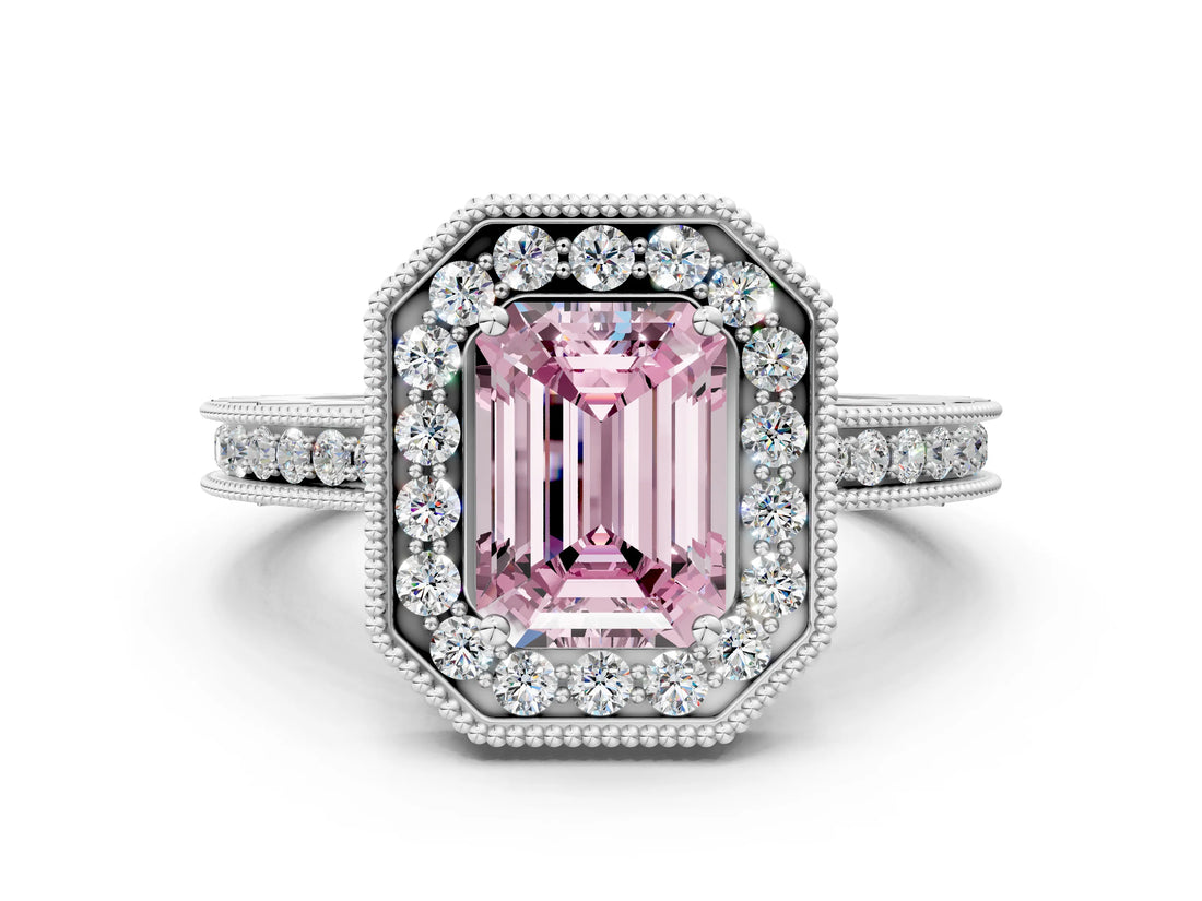 Platinum Fancy Pink Emerald Cut Diamond Milgrain Halo Engagement Ring with Round Pavé Band and Prong Setting_12