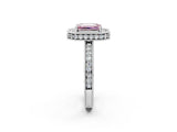 Platinum Fancy Pink Emerald Cut Diamond Milgrain Halo Engagement Ring with Round Pavé Band and Prong Setting_14