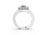 Platinum Fancy Pink Emerald Cut Diamond Milgrain Halo Engagement Ring with Round Pavé Band and Prong Setting_15