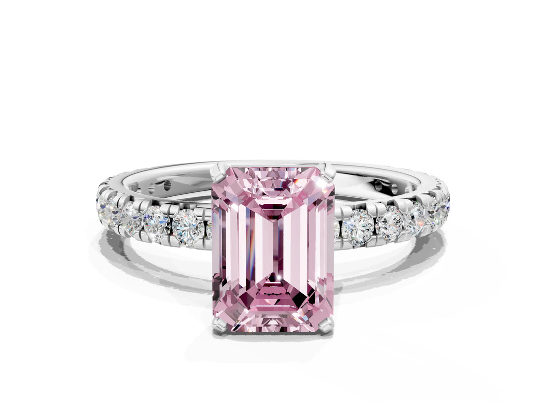 Platinum Fancy Pink Emerald Cut Diamond Pavé Solitaire Ring with Round Band and Prong Setting