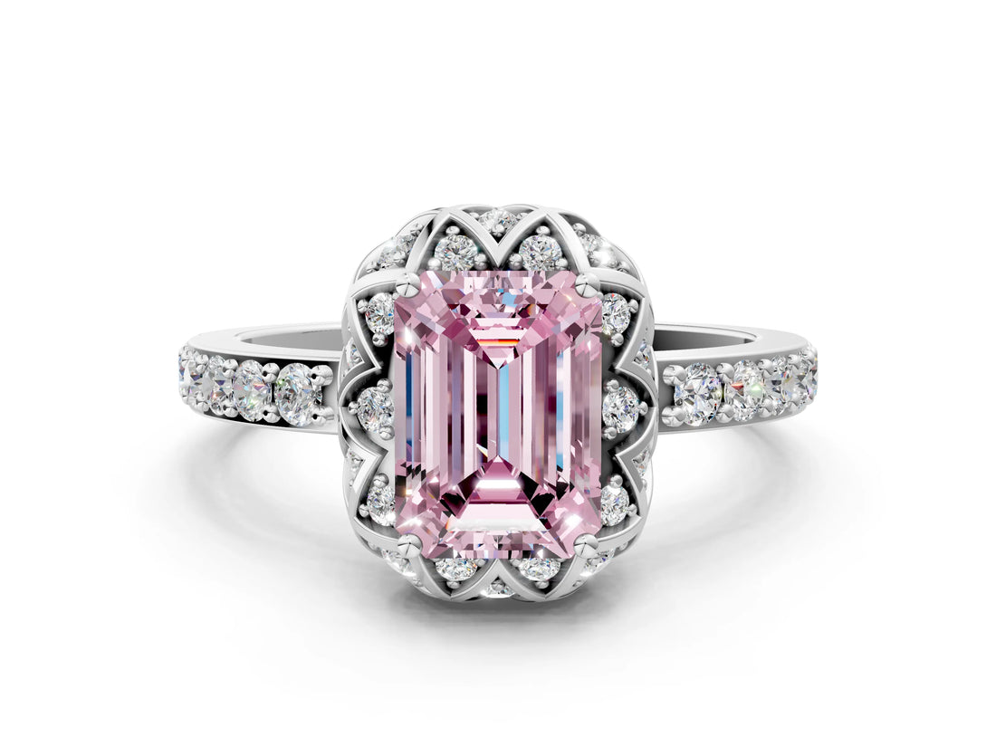 Platinum Fancy Pink Emerald Cut Diamond Scalloped Halo Engagement Ring with Round Shared Prong Band