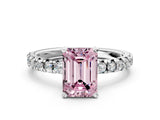 Platinum Fancy Pink Emerald Cut Diamond Solitaire Pavé Engagement Ring with Round Band and Prong Setting_1