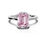 Platinum Fancy Pink Emerald Cut Diamond Solitaire Ring with Flower Prong Setting and Classic Band