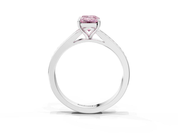 Platinum Emerald Cut Pave Solitaire Engagement Ring Setting for Fancy Pink Center with Sweeping Shoulders