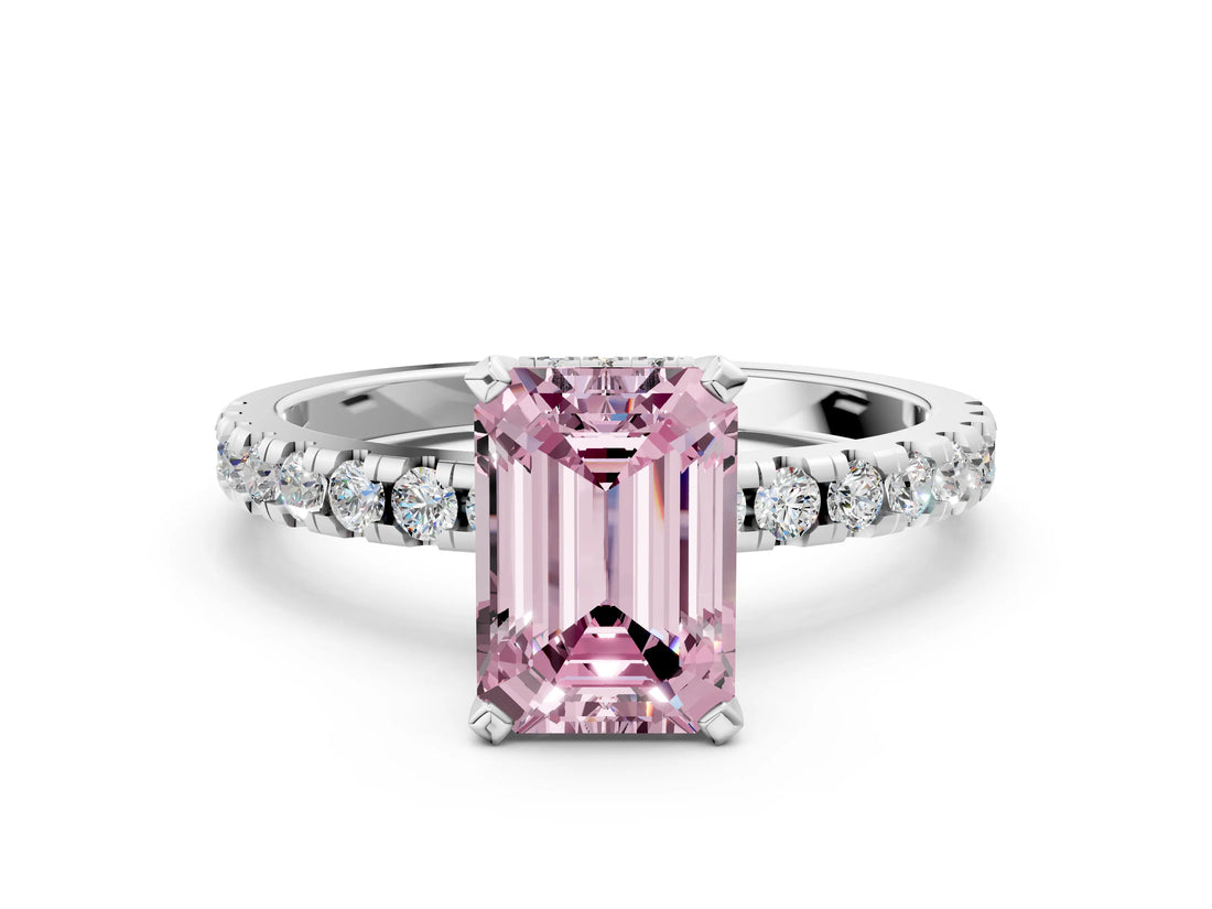 Platinum Fancy Pink Emerald Cut Diamond Solitaire Ring with Round  Pavé Band and Four-Prong Setting_36