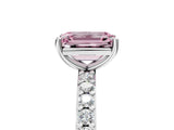 Platinum Fancy Pink Emerald  Cut Diamond Solitaire with Pave Band and Four-Prong Setting