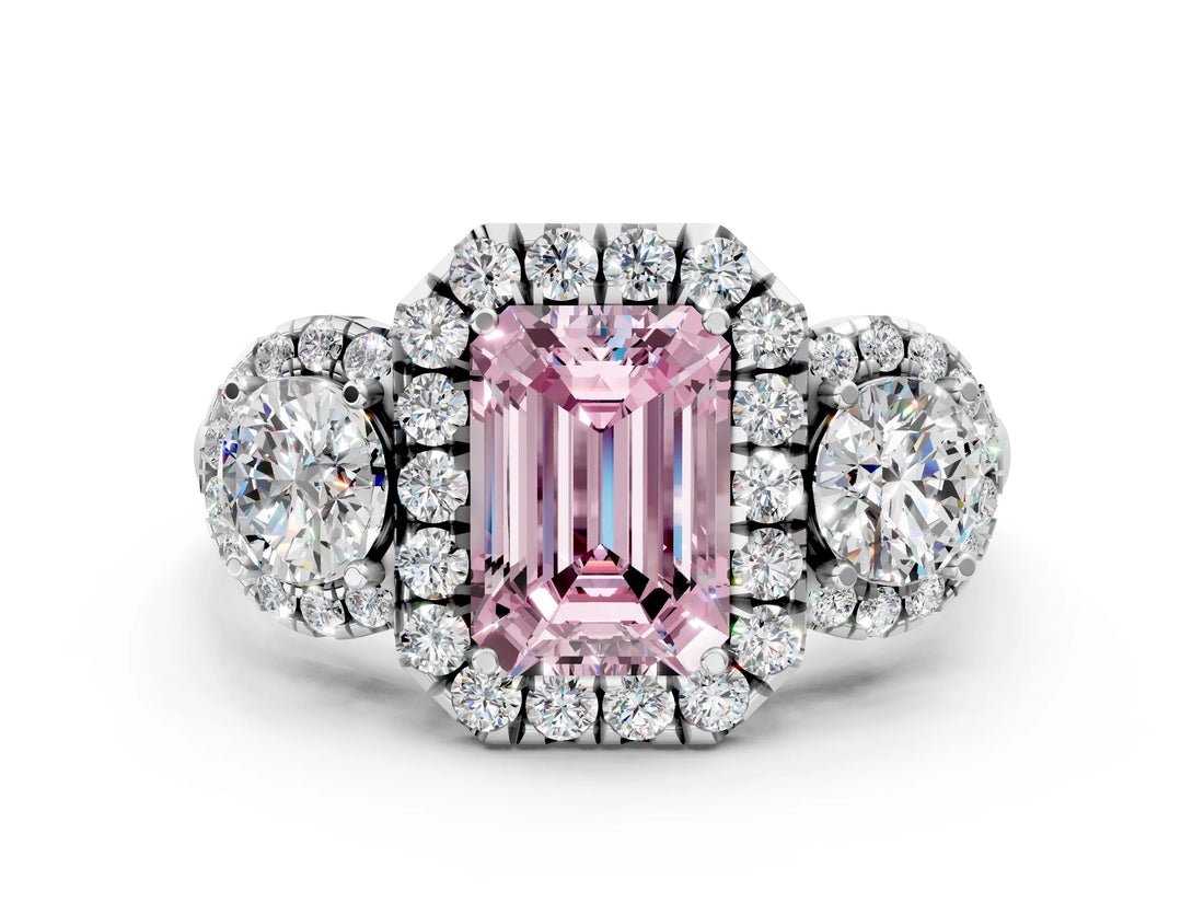 Platinum Fancy Pink Emerald Cut Diamond Three-Stone Halo Ring with Prong Setting and Pavé Accents_12