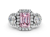Platinum Fancy Pink Emerald Cut Diamond Three-Stone Halo Ring with Prong Setting and Pavé Accents_12