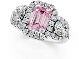 Platinum Fancy Pink Emerald Cut Diamond Three-Stone Halo Ring with Prong Setting and Pavé Accents_13