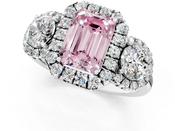 Platinum Emerald Cut Three Stone Halo Engagement Ring Setting for Fancy Pink Center