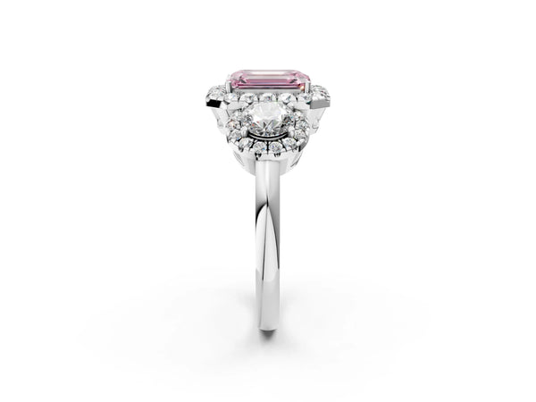 Platinum Emerald Cut Three Stone Halo Engagement Ring Setting for Fancy Pink Center