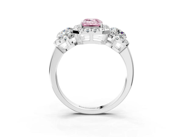 Platinum Emerald Cut Three Stone Halo Engagement Ring Setting for Fancy Pink Center