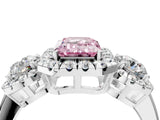 Platinum Fancy Pink Emerald Cut Diamond Three-Stone Halo Ring with Prong Setting and Pavé Accents_16