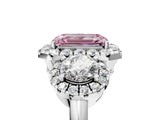 Platinum Fancy Pink Emerald Cut Diamond Three-Stone Halo Ring with Prong Setting and Pavé Accents_17