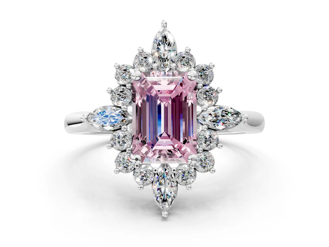 Platinum Fancy Pink Emerald Cut Halo Diamond Cluster Ring with Marquise and Round Stones on a White Gold Band with Prong Setting