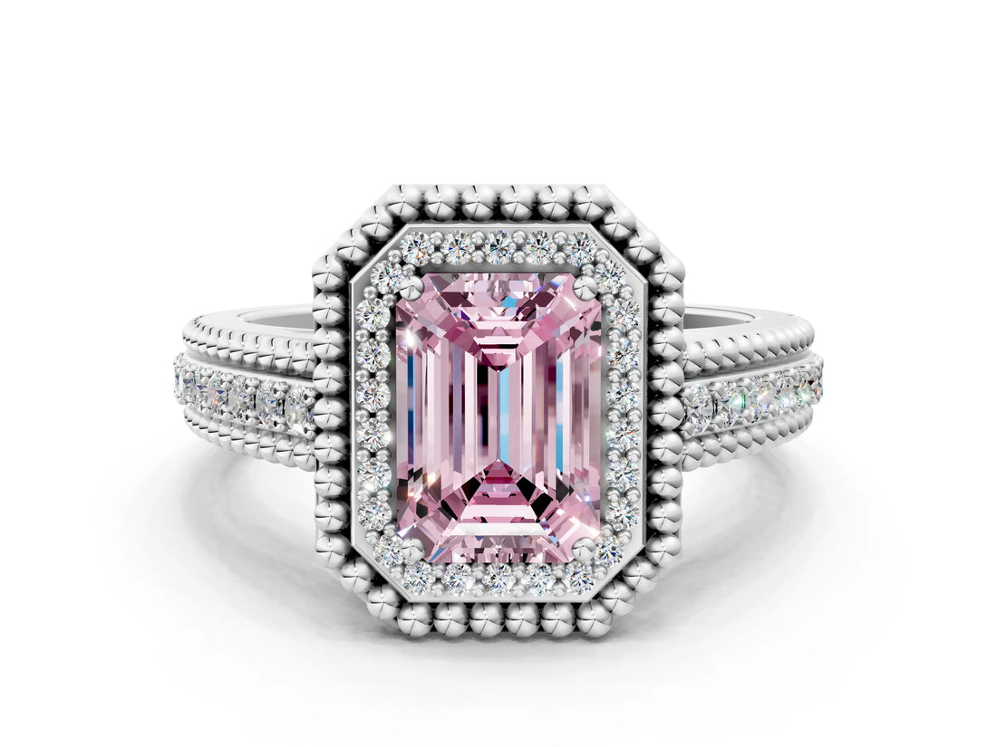 Platinum Fancy Pink Emerald Cut Halo Diamond Ring with Beaded Split Shank and Four-Prong Setting_6
