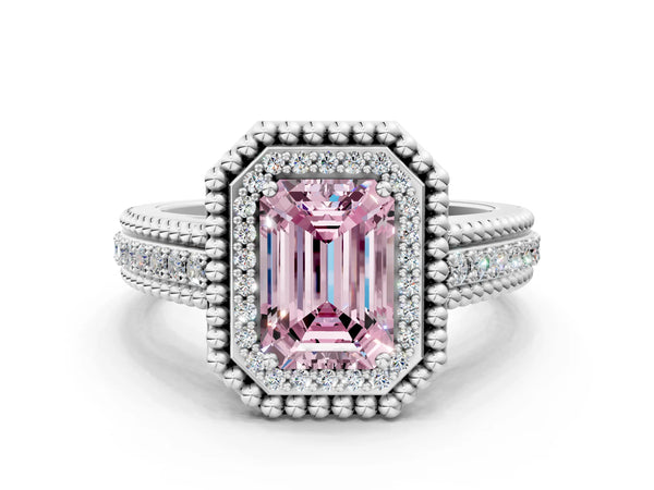 Platinum Emerald Cut Beaded Halo Engagement Ring Setting for Fancy Pink Center with Pave