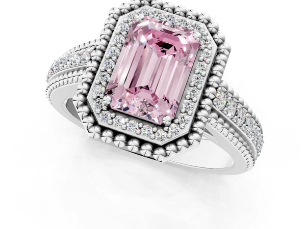 Platinum Emerald Cut Beaded Halo Engagement Ring Setting for Fancy Pink Center with Pave