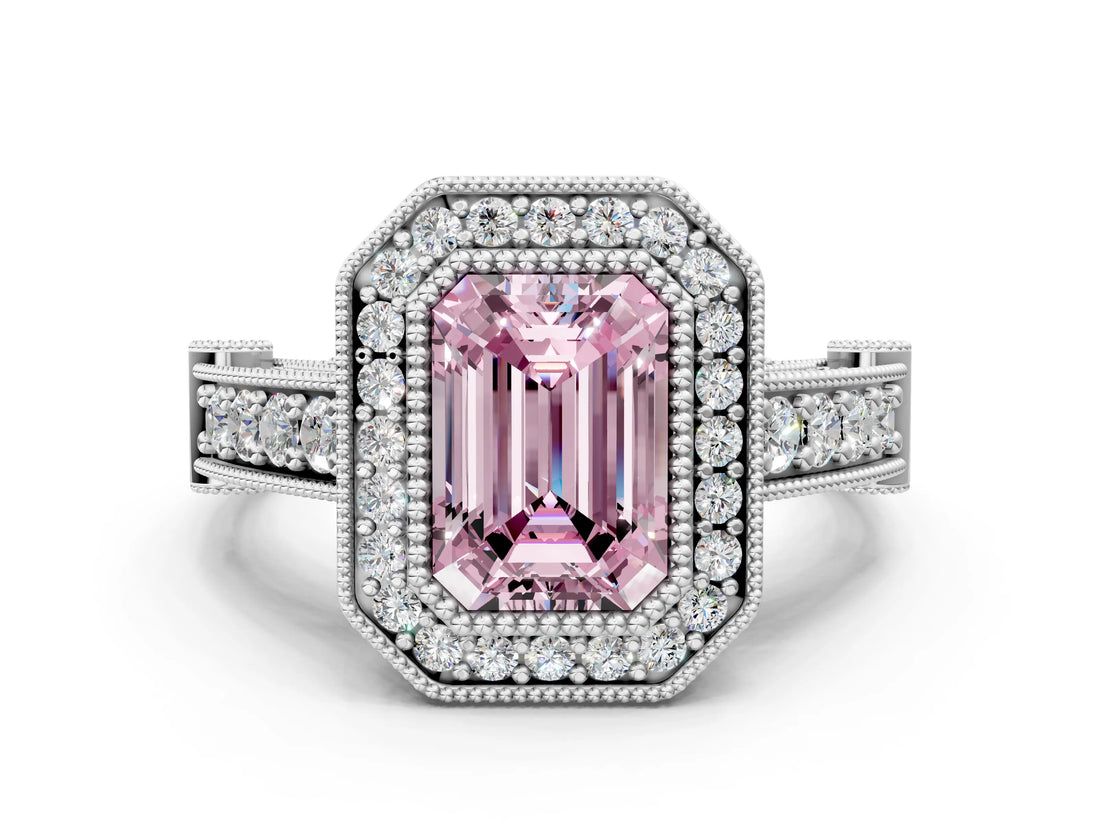 Platinum Fancy Pink Emerald Cut Halo Diamond Split Shank Pave Ring_12