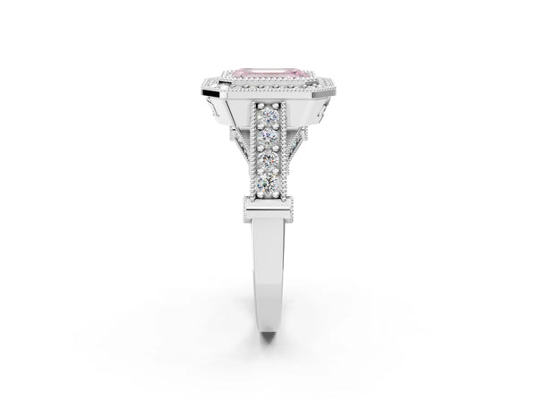 Platinum Emerald Cut Vintage Bezel Halo Engagement Ring Setting for Fancy Pink Center
