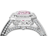 Platinum Fancy Pink Emerald Cut Halo Diamond Split Shank Pave Ring_16
