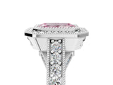 Platinum Fancy Pink Emerald Cut Halo Diamond Split Shank Pave Ring_17