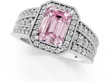 Platinum Fancy Pink Emerald Cut Halo Diamond Split Shank Ring with Prong Setting_7