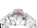 Platinum Fancy Pink Emerald Cut Halo Milgrain Diamond Engagement Ring with Leaf Band and Four-Prong Setting_16