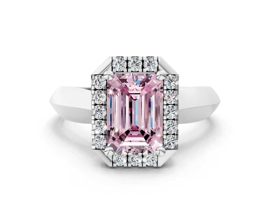 Platinum Fancy Pink Emerald  Cut Halo Solitaire Engagement Ring with Square Band and Four-Prong Setting_12