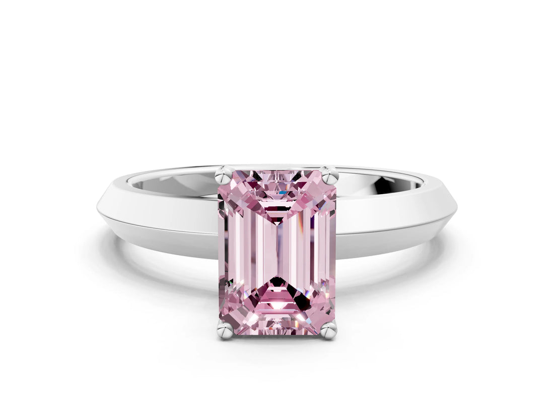 Platinum Fancy Pink Emerald  Cut Solitaire Engagement Ring with Flat Band and Four-Prong Setting 1