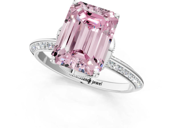 Platinum Emerald Cut Graduated Pave Engagement Ring Setting for Fancy Pink Center