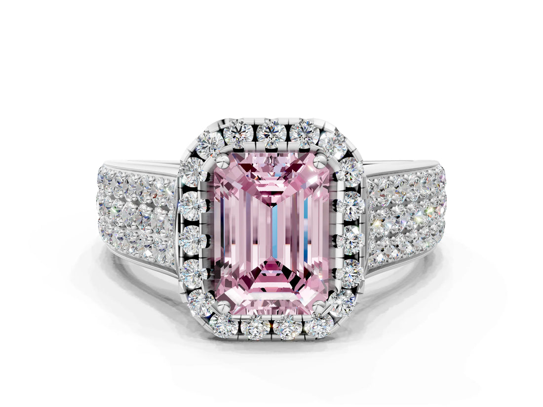 Platinum Fancy Pink Emerald  Halo Round Diamond Pave Band with Prong Setting