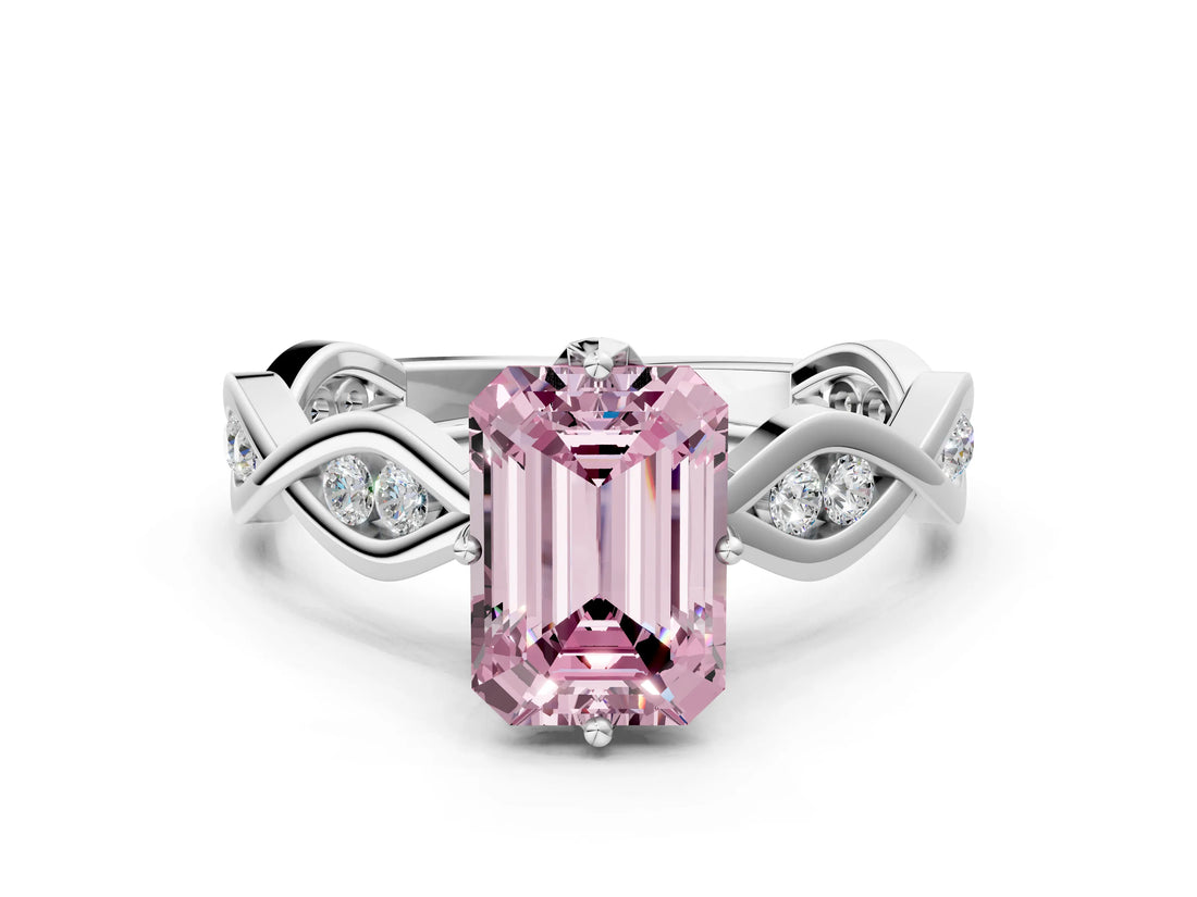 Platinum Fancy Pink Emerald  Solitaire Twist Band with Leaf Prong Setting 1