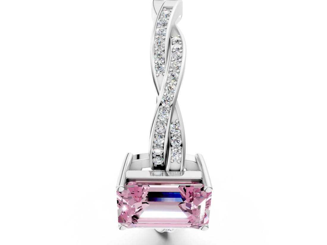 Platinum Fancy Pink Emerald  Solitaire Twisted Pave Diamond Ring with Four-Prong Setting