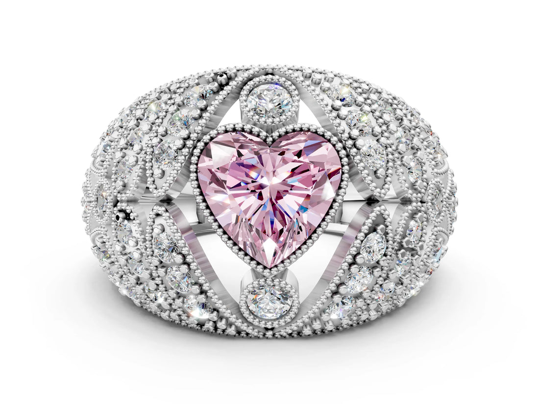 Platinum Fancy Pink Heart Cut Brilliant Halo Pave Diamond Milgrain Ring_6