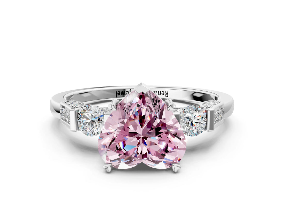 Platinum Fancy Pink Heart Cut Brilliant Three-Stone Pave Band with Four-Prong Setting_6