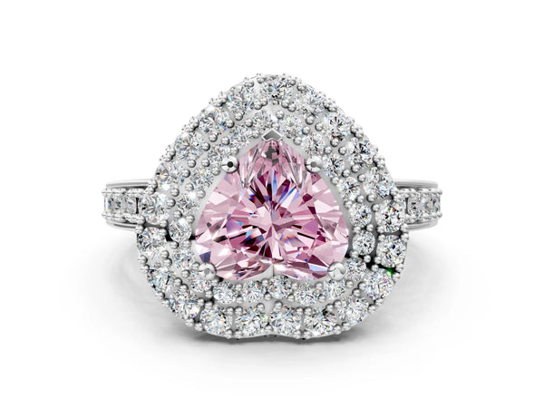 Platinum Fancy Pink Heart Cut Diamond Double Halo Ring with Pavé Band and Four-Prong Setting