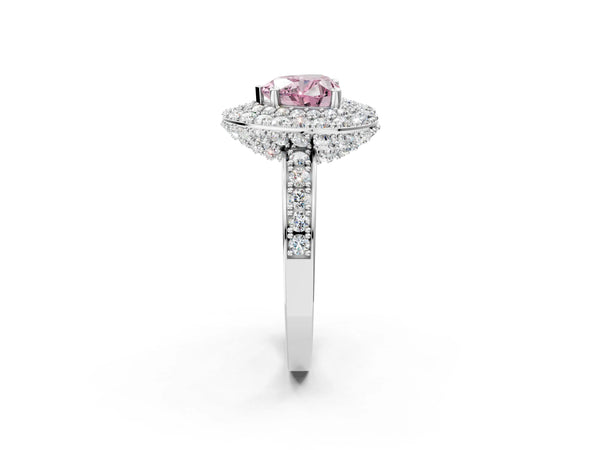 Platinum Fancy Pink Heart Cut Diamond Double Halo Ring with Pavé Band and Four-Prong Setting
