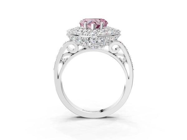 Platinum Fancy Pink Heart Cut Diamond Double Halo Ring with Pavé Band and Four-Prong Setting